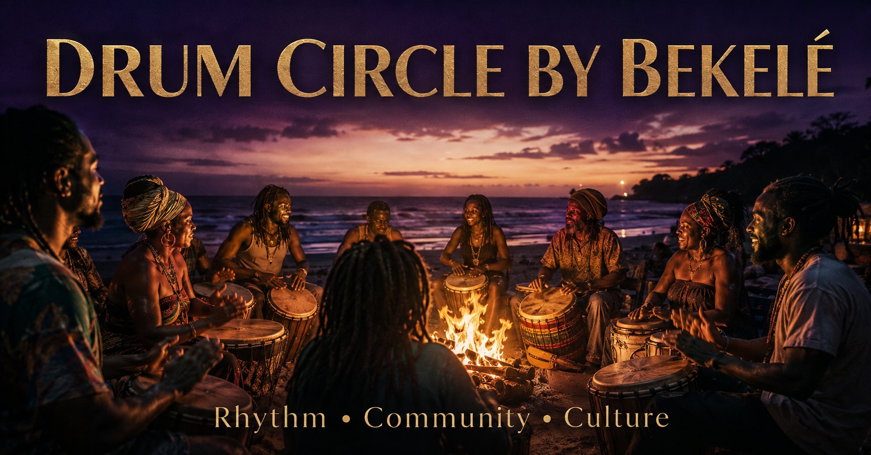 Drummers gathered around rhythm and fire